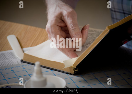 Old Man Hands Bookbinder Repairing An Old Book, Pennsylvania, USA Stock Photo