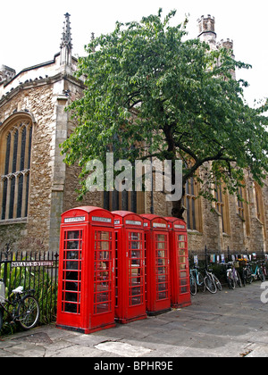 Four phone boxes on St Marys Street outside of St Marys Church Cambridge city Cambridgeshire England Stock Photo