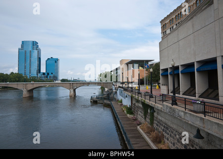 Gerald R. Ford Museum at Grand Rapids Michigan view from behind a bridge on Grand River in USA US nobody horizontal hi-res Stock Photo