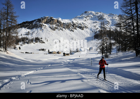 Cross-country skiing in Val Fex, Sils, Engadin, Grisons, Switzerland Stock Photo