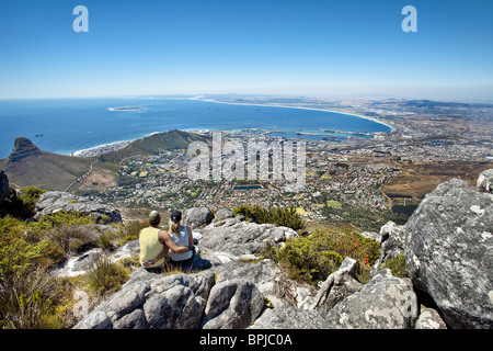 Couple admiring the view from Table Mountain, Cape Town, Western Cape, South Africa, Africa Stock Photo