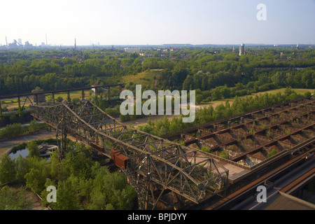 View from Blast furnace No. 5 in North Duisburg Landscape Park at water tower and St Joseph's church in Duisburg-Hamborn, Former Stock Photo