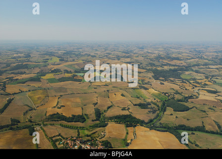 Aerial view of dried fields south of Castelnaudary town in summertime, Aude, Languedoc-Roussillon, France Stock Photo