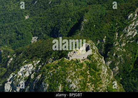 Aerial view of Montsegur castle, Ariege, Midi-Pyrenees, France Stock Photo