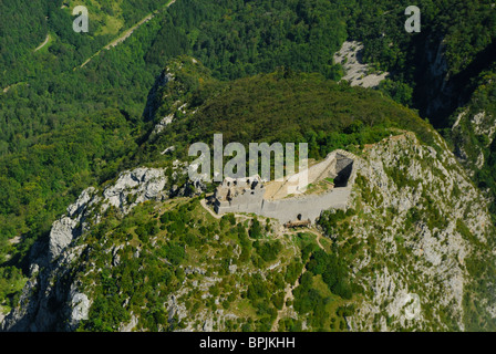 Aerial view of Montsegur castle, Ariege, Midi Pyrenees, France Stock Photo