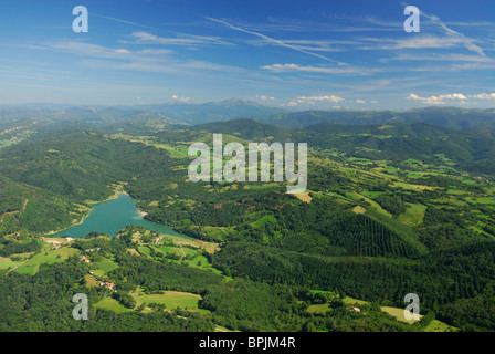 Aerial view of Mondely lake and Plantaurel massif, east of Saint Girons town, Ariege, Midi-Pyrenees, France Stock Photo