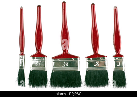 Five different sized red handled paint brushes Stock Photo