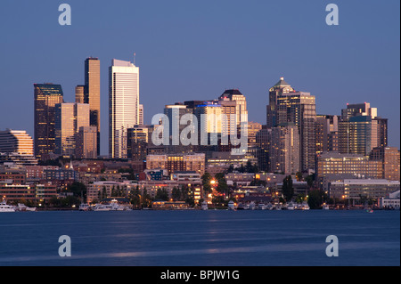 Retro image of Seattle skyline, Lake Union at twilight with city lights  Lake Union Seattle Stock Photo