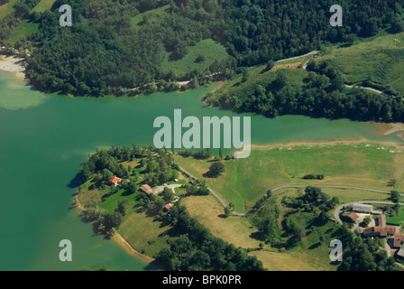 Aerial view of Mondely lake, Plantaurel massif, Ariege, Midi-Pyrenees, France Stock Photo