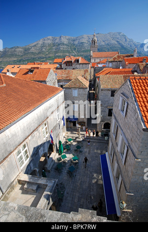 KORCULA ISLAND, CROATIA. A view over the rooftops of Korcula town from the Land Gate (Kopnena Vrata) and Revelin. Stock Photo