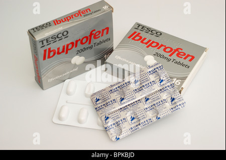 supermarket brand packs of ibuprofen tablets with braille information for the blind partially sighted Stock Photo