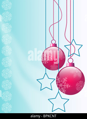3d digital computer illustration of typical red balls for Christmas ornament and blue stars on a blur background with the white snow symbol Stock Photo
