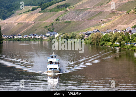 River Cruise Boat on Mosel River near Zell, Mosel Valley, Germany Stock Photo