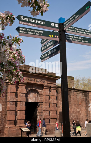 Signpost and Castle Clinton, Battery Park, NYC Stock Photo