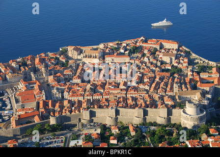 DUBROVNIK, CROATIA. A dawn view of the walled old town as seen from the summit of Mount Srd. 2010. Stock Photo