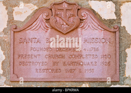 Plaque at the entrance to the Santa Barbara Mission (Queen of the missions), Santa Barbara, California Stock Photo