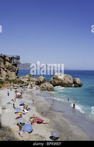 Playa del Salon, Balcon de Europa in background, Nerja, Andalusia, Spain Stock Photo