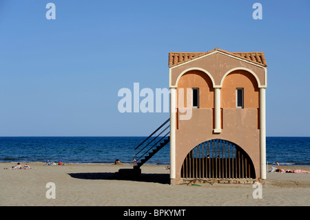 Rescue house on the beach at Port la Nouvelle, Aude, France, Europe Stock Photo