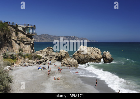 Playa del Salon, Balcon de Europa in background, Nerja, Andalusia, Spain Stock Photo