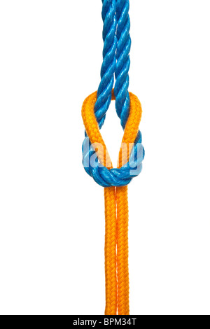 Two different ropes tied together with a reef knot or square knot - on a white background Stock Photo