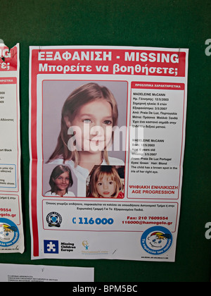 A poster with information regarding Madeleine McCann at Kefallinia airport, Kefalonia, Greece Stock Photo