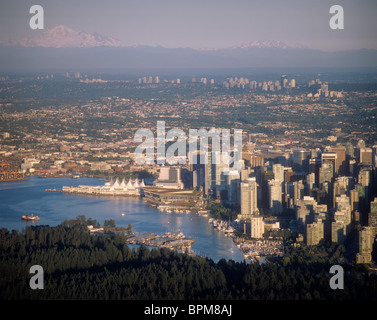 Stanley Park,Vancouver, Yacht Club, Coal Harbor and Canada Place, British Columbia Aerial Stock Photo