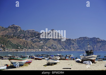 Taormina viewed from the bay of Giardini Naxos, Sicily, Italien Stock Photo