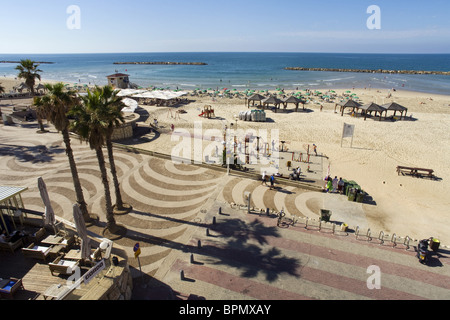 Panorama of Gordon Beach and the Tayelet seaside promenade, Tel Aviv, Israel, Middle East Stock Photo
