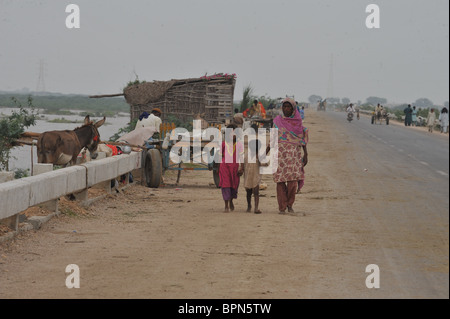 Flood victims living on the only dry areas in Sujawal, Sindh Province, Pakistan on Wednesday, 1st September, 2010 Stock Photo