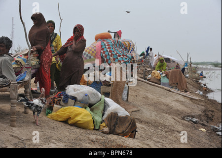 Flood victims living on the only dry areas in Sujawal, Sindh Province, Pakistan on Wednesday, 1st September, 2010. Stock Photo
