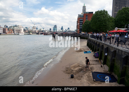 sand sculpture on river Thames beach near Gabriel's Wharf, Southbank, London, England, UK. Stock Photo