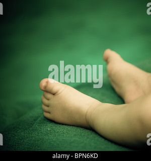 Newborn baby legs on green blanket. Stock Photo