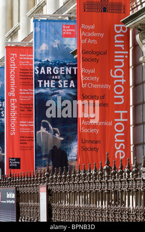 Banners outside Burlington House, Royal Academy of Arts, Piccadilly, London, United Kingdom Stock Photo