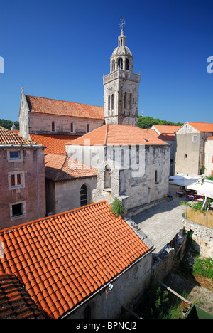 KORCULA, CROATIA. A view of St Mark's Cathedral from the Marco Polo house in Korcula town. Stock Photo