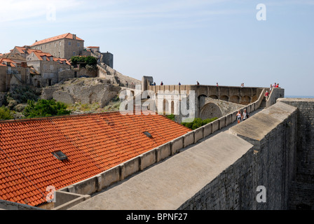 The city walls, which are 1940 m long and reach hights of 25m, are a symbol of Dubrovnik. The walls are thicker, up to 6m, in... Stock Photo