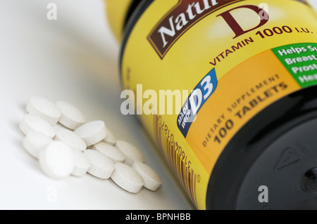 Bottle of vitamin D (D3) supplements Stock Photo