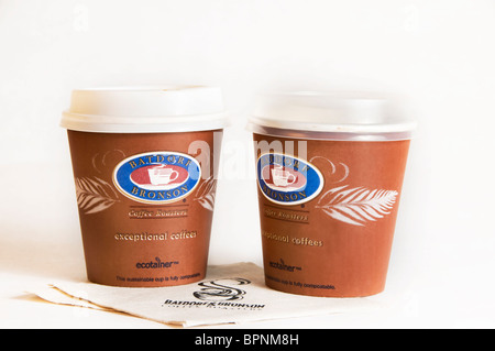 Freshly roasted and brewed hot Batdorf and Bronson coffee is served to go in compostable eco-friendly cups. Stock Photo