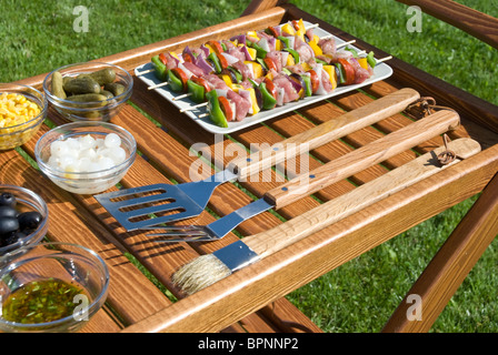 The barbecue set w the meat on the spits Stock Photo