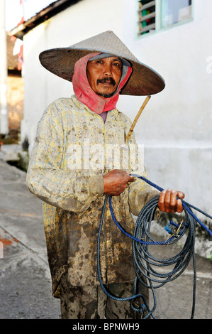 local man walking through village street with his team of water buffalo java indonesia Stock Photo