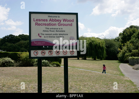 Sign for Lesnes Abbey Wood Recreation Ground, Abbey Wood, London, UK Stock Photo