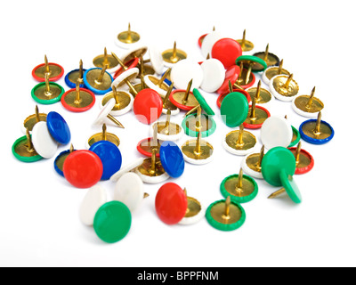 Colorful thumb tacks and push pins isolated on white background Stock Photo