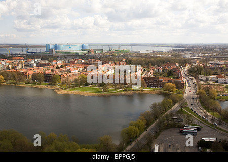 Stralsund in Germany.  The Volkswerft shipyard is seen in the top left. Stock Photo