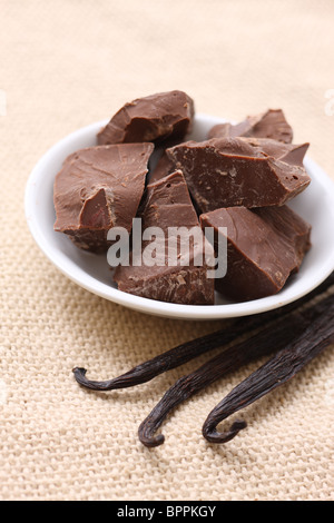 Chocolate chunks and vanilla beans Stock Photo