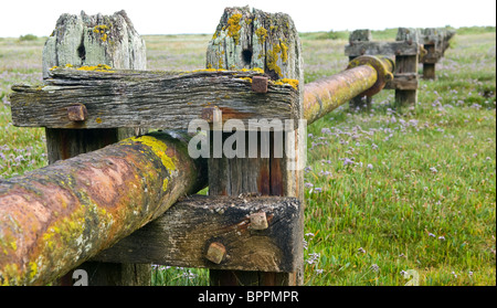 Old sewage discharge pipes supported on wooden pillars going out to sea above the Stifkey Salt Marshes. Stock Photo