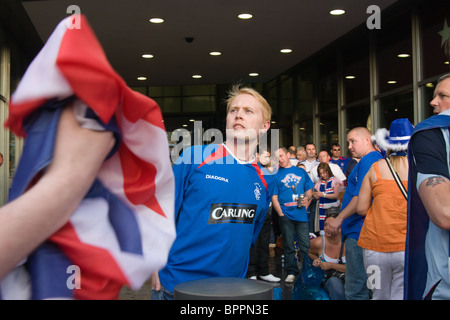 Football Fans in Manchester City for the UEFA cup 2008 opposing the Glasgow rangers and the St Petersburg Russian Zenit Stock Photo