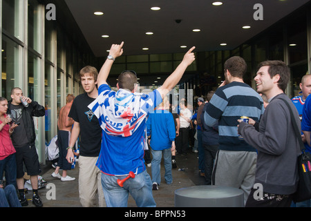 Football Fans in Manchester City for the UEFA cup 2008 opposing the Glasgow rangers and the St Petersburg Russian Zenit Stock Photo