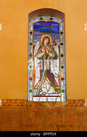 Stained glass window of Saint Raphael the archangel in the cloisters of ...