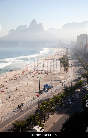 The wide expanse of Ipanema and Leblon beachfront, two of the most affluent neighborhoods of Rio de Janeiro, Brazil. Stock Photo