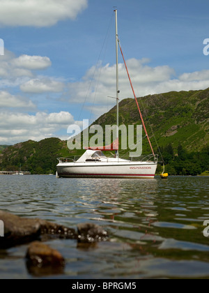 Moored yacht boat on Ullswater in summer Lake District National Park Cumbria England UK United Kingdom Great Britain GB Stock Photo