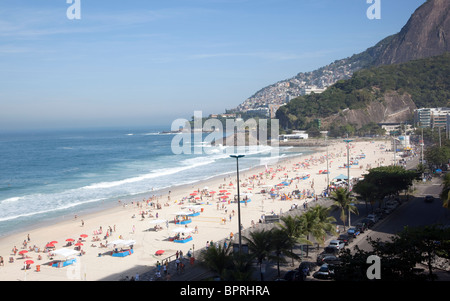 The wide expanse of Ipanema and Leblon beachfront, two of the most affluent neighborhoods of Rio de Janeiro, Brazil. Stock Photo